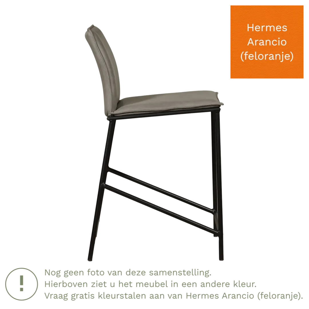 afbeelding van Leren barkruk laag Favor - Hermes Arancio (feloranje) - poten staal rond zwart